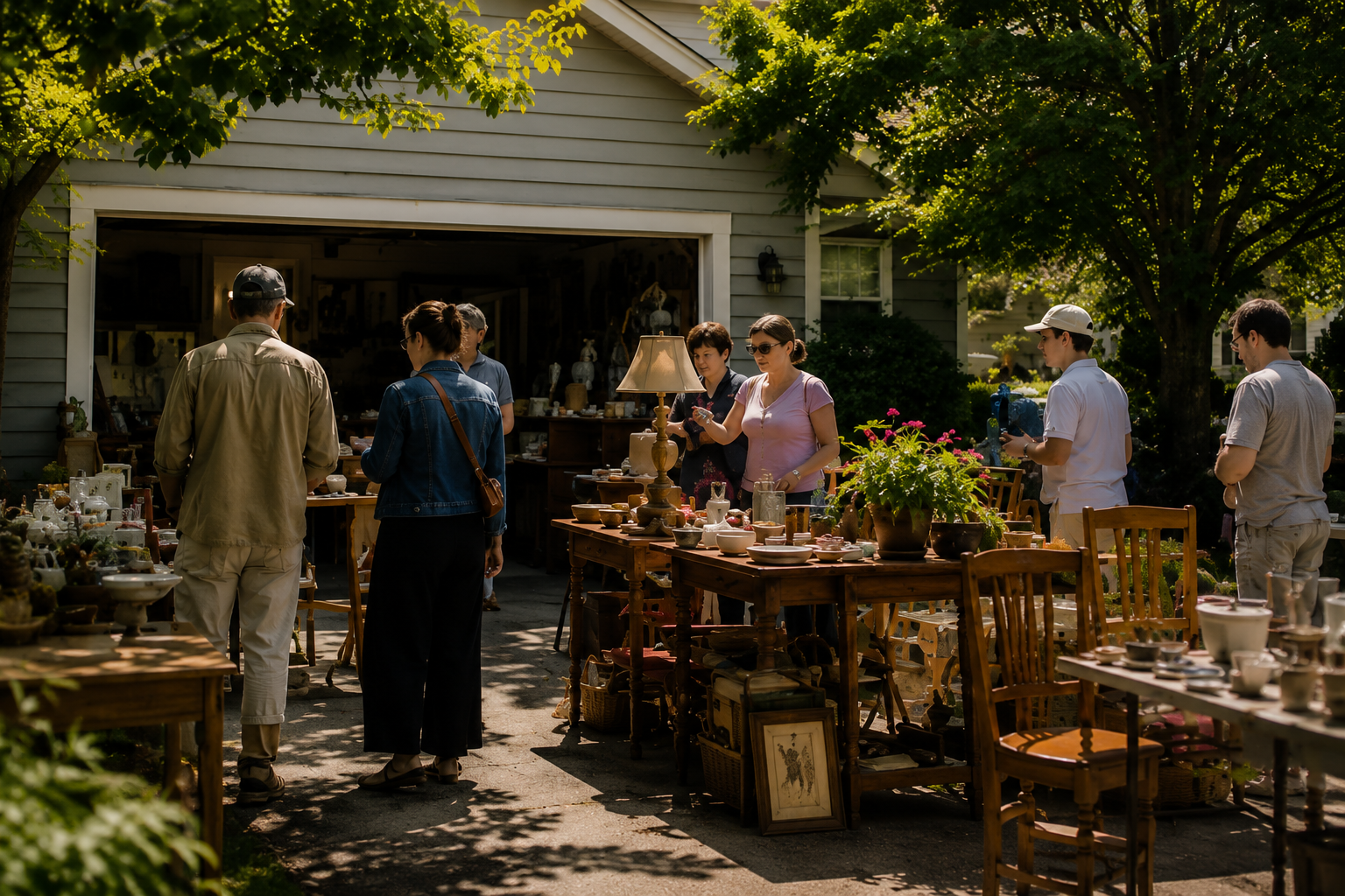 Garage sale with vintage furniture and collectibles